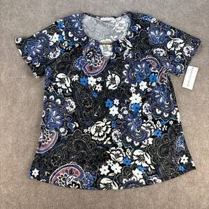 Notations Womens Blue Paisley Floral Rhinestone Bar Neck Blouse Top Large NY6032